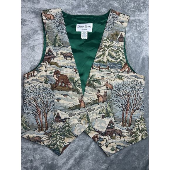 Vintage 90’s Tapestry Vest Fox Trees Snow Winter Birds Bunnies Cottagecore Large - Picture 1 of 9